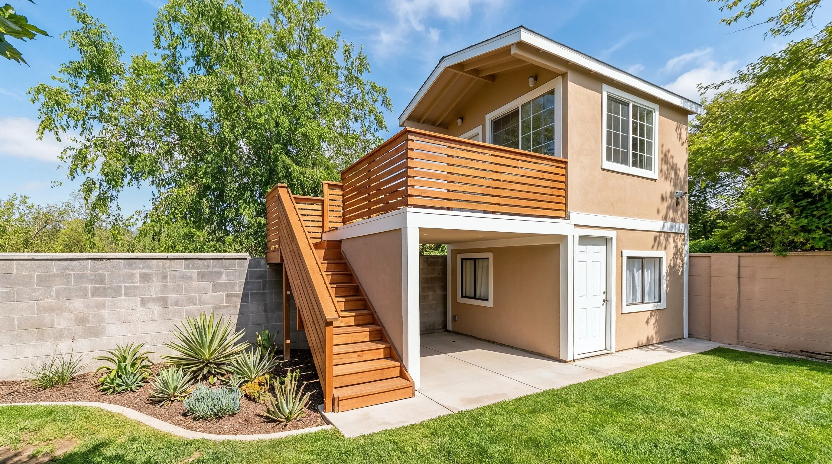 Custom two-story backyard accessory dwelling unit completed by professional ADU builders in Los Angeles featuring modern residential design and private entrance