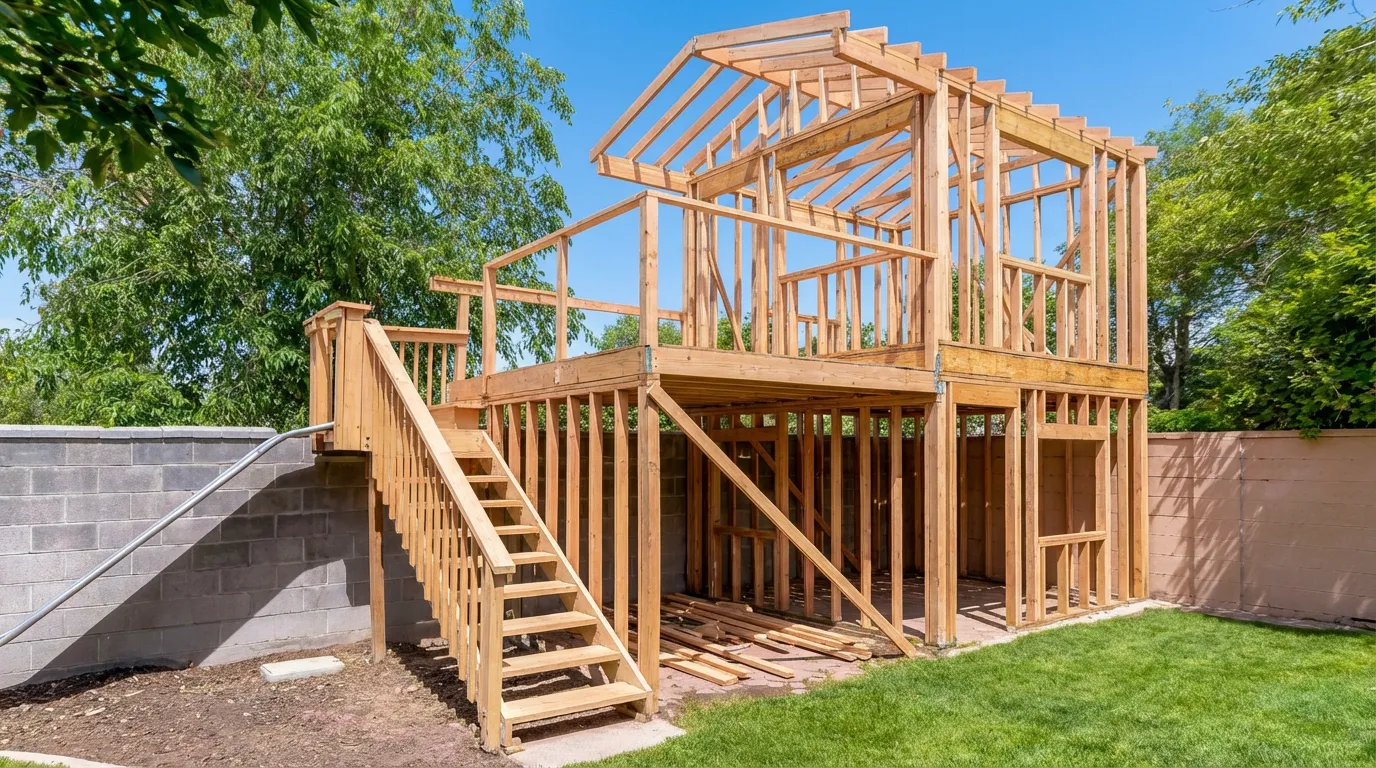 Custom backyard ADU under construction showing wood framing structure built by professional ADU builders in Los Angeles California
