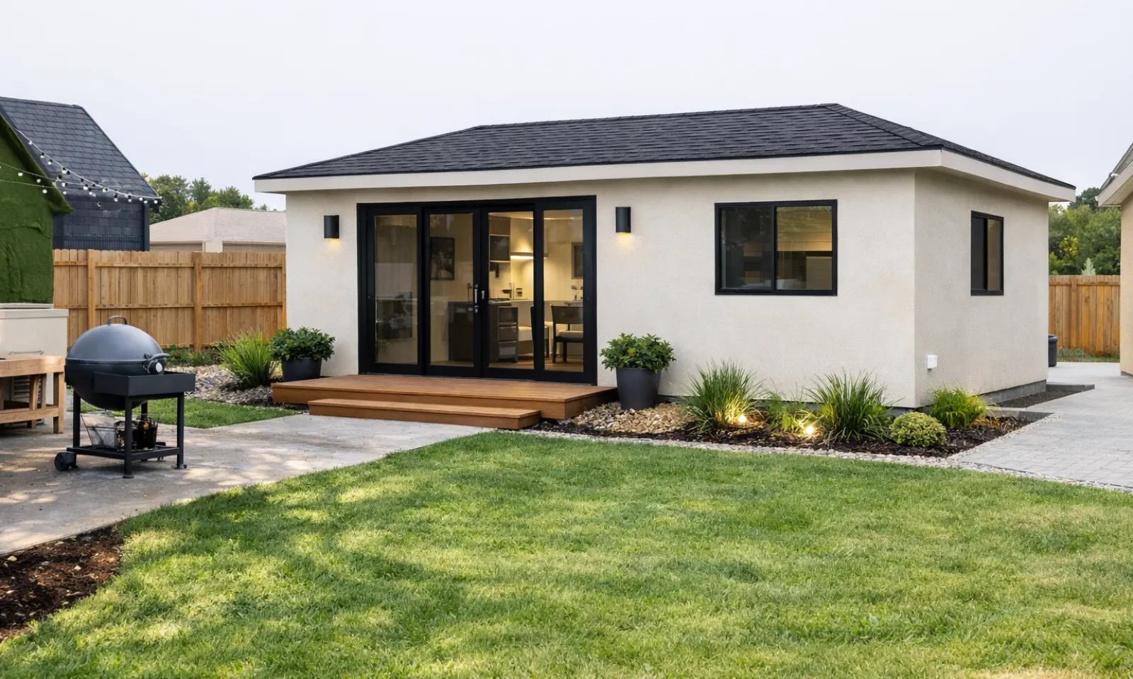 Luxury detached accessory dwelling unit in Los Angeles backyard with stucco walls, asphalt shingle roof, patio entry, and modern ADU design